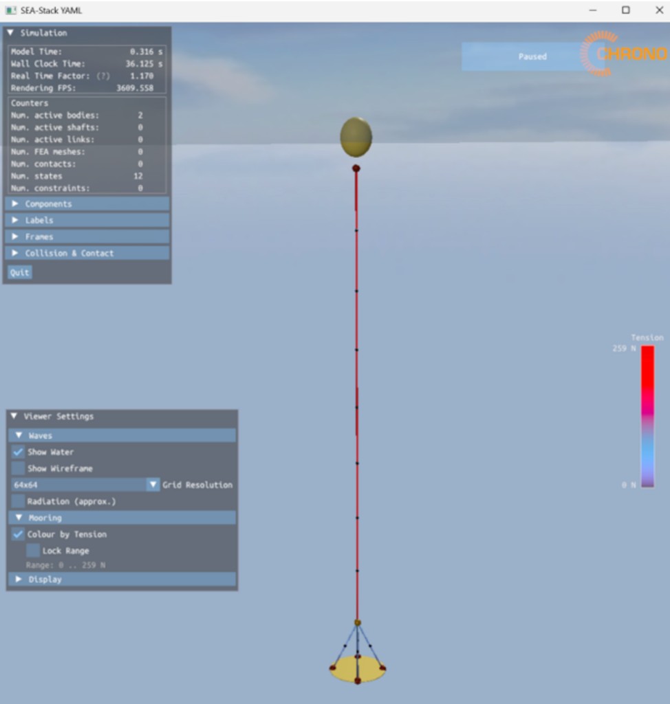 SEA-Stack YAML viewer: PNNL WITT two-body model with MoorDyn tether coloured by tension