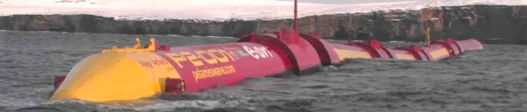 Pelamis P2 wave energy converter at EMEC (Orkney) — five-segment attenuator the 5sa demo is loosely based on