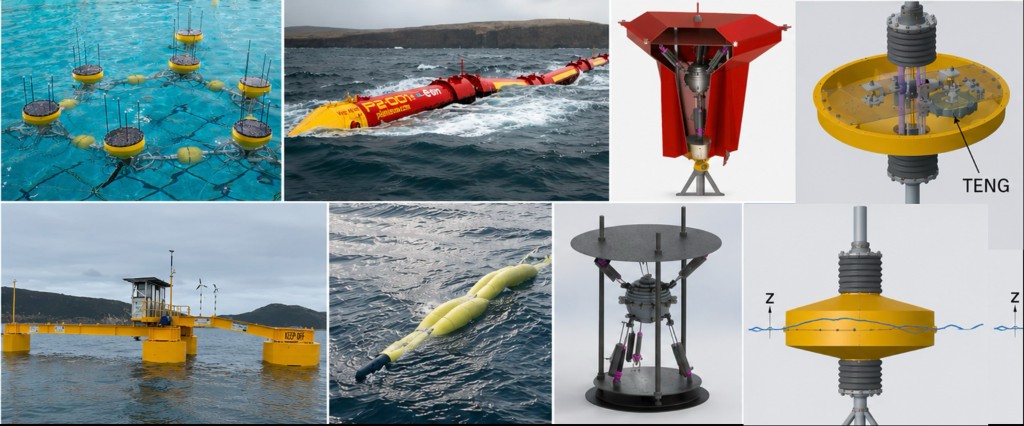 Composite of diverse WEC concepts: tank arrays, attenuators, internal PTO, novel buoys, platforms, flexible bodies, linkages, point absorber diagram